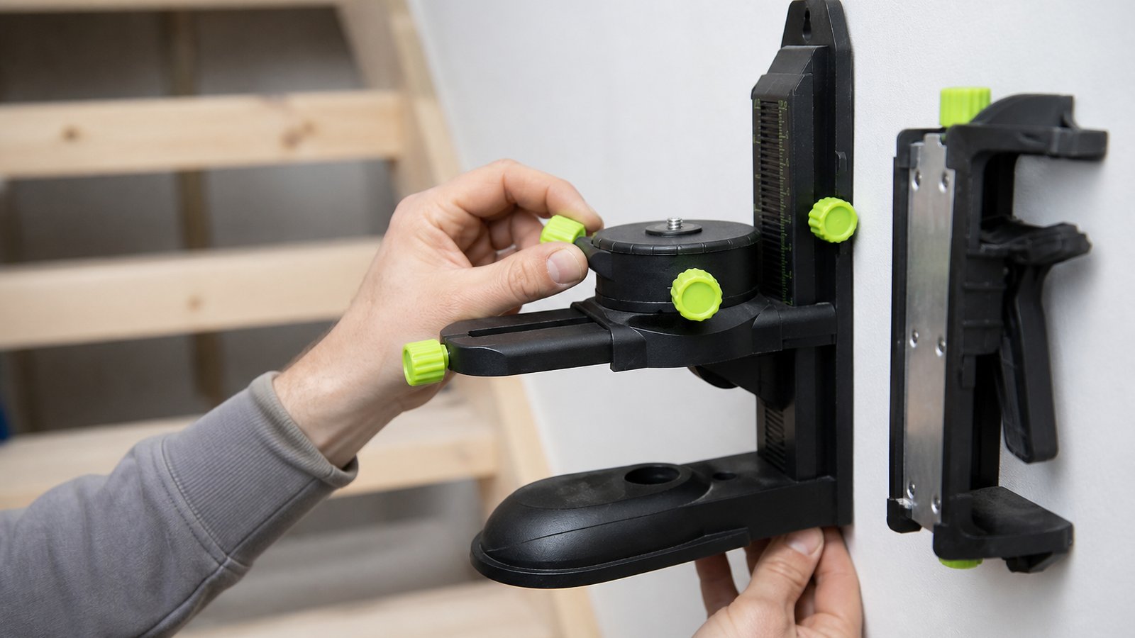 Lime-green fine-tune knobs on a laser mounting bracket