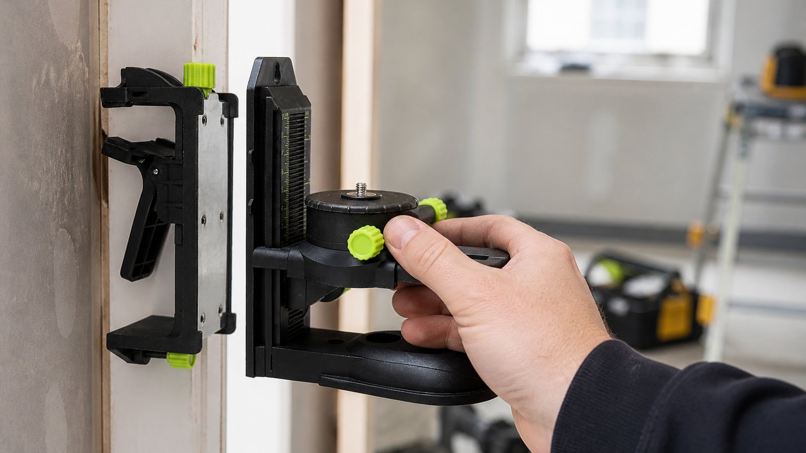 Lime-green fine-tune knobs on a laser mounting bracket